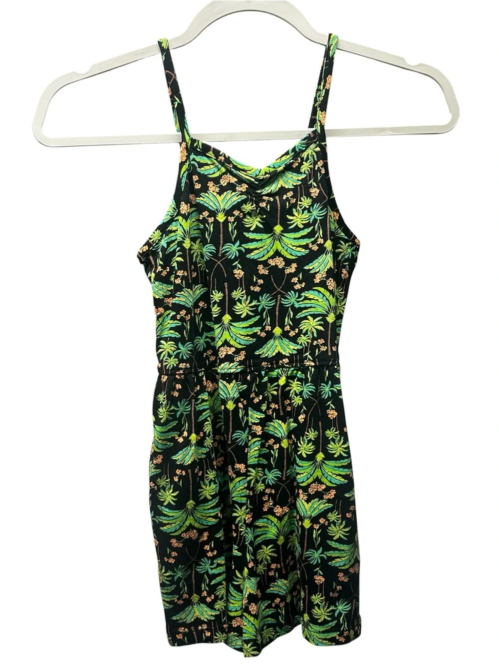 Old Navy Girls Tropical Palm Print Romper Black Green Size 8 pockets